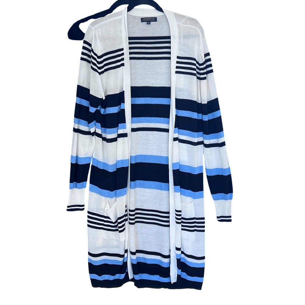 Navy & White Stripe Longline Cardigan Rayon Sweater XL Pockets Preppy Nautical